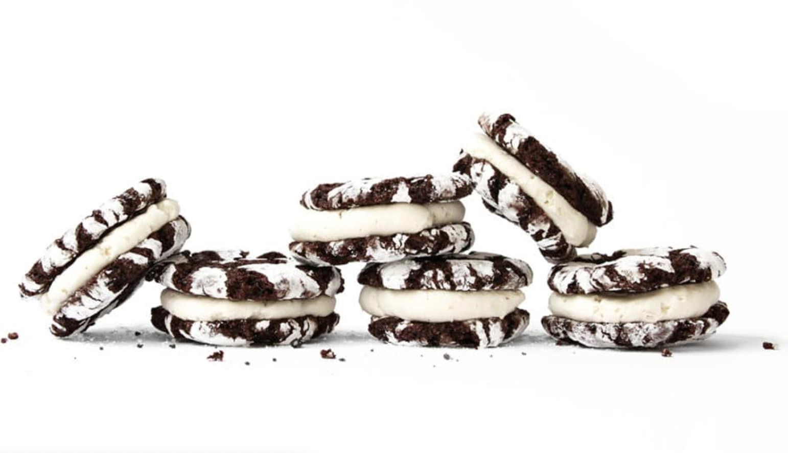 a stack of 6 Miss Jones Baking Co Brownie Batter Crinkle Cookie Sandwiches