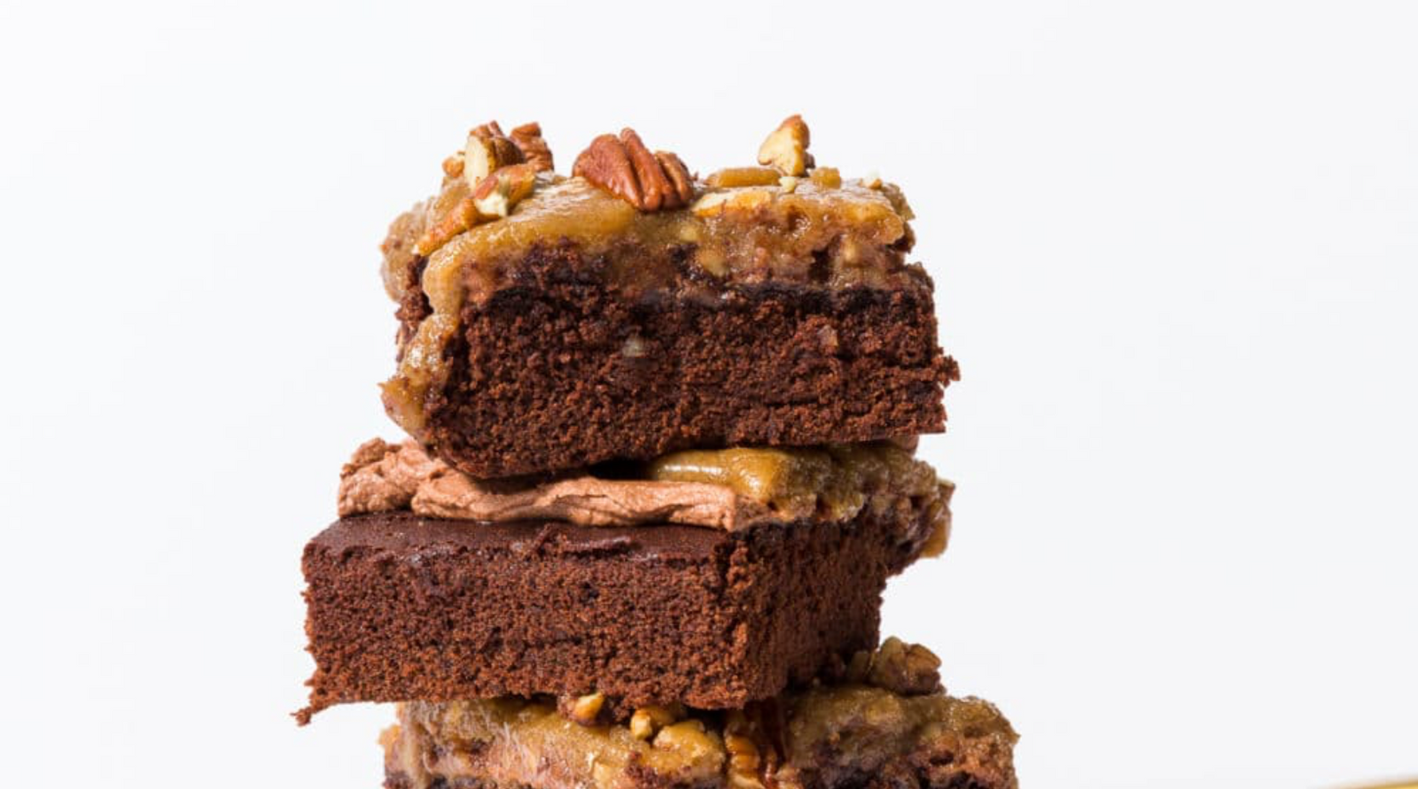 Stack of Miss Jones' bourbon chocolate praline cake